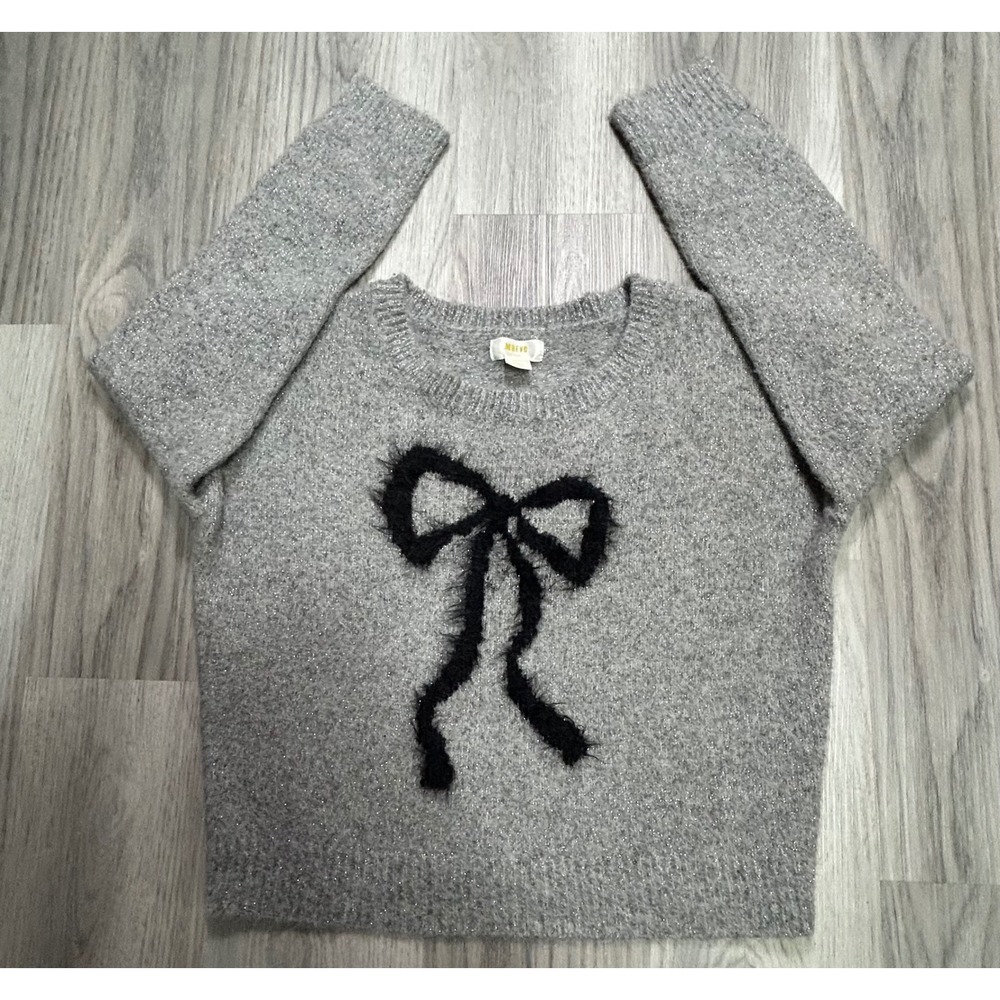 Girly cozy Maeve Anthropologie Grey Metallic Bow Sweater Small sparkle Knit Crew
